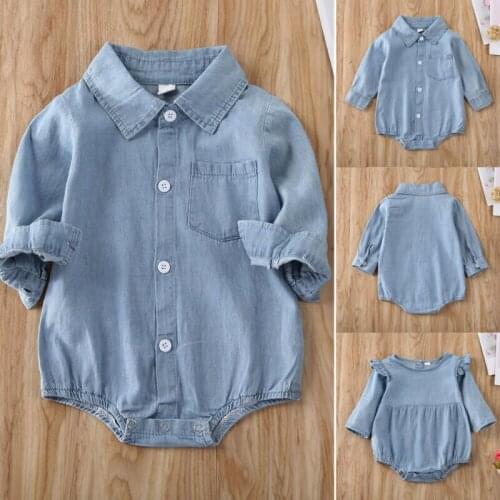Toddler Kids Baby Boy Girl Denim Playsuit Clothes Solid Long Sleeve Casual Jumpsuit Outfit