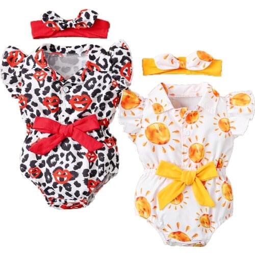 Kids Jumpsuits with Headband, Summer Sun Print Turn-Down Collar Fly Sleeve Baby Romper+ Hairband, Yellow, 0-24 Months