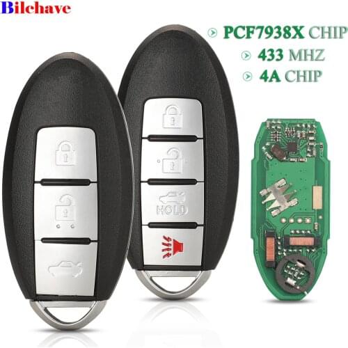 Bilchave 3/4 Buttons 433Mhz 4A PCF7938X Chip Smart Remote Control Car Key Fob For Nissan Teana 2016 Uncut Blade Replacement