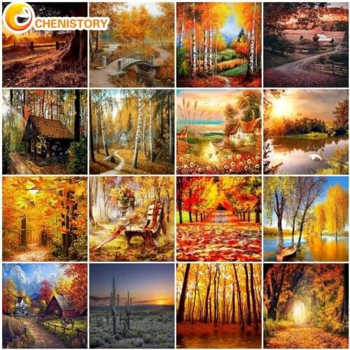 CHENISTORY 5D DIY Diamond Painting Autumn Scenery Kit Mosaic Art Diamond Embroidery Woods Full Square Round Drill Wall Art Decor
