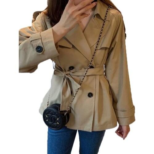 Short Windbreaker Jacket Womens Spring Autumn Casual Jacket Suit Collar Double-Breasted Belt Loose Coat Thin Section A927