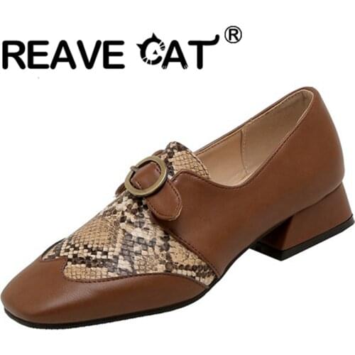 REAVE CAT 2021 Lofers Flats Snake Print Patchwork Slip On Square Toe Belt Buckle 3cm Chunky Heel Shoes Size 32-46 Brown A4188