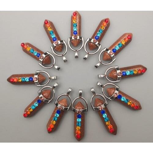 Fashion gold sand Natural stone crystal point Necklace Pendant for making Jewelry charm diy accessories 12pc/lot Free shipping