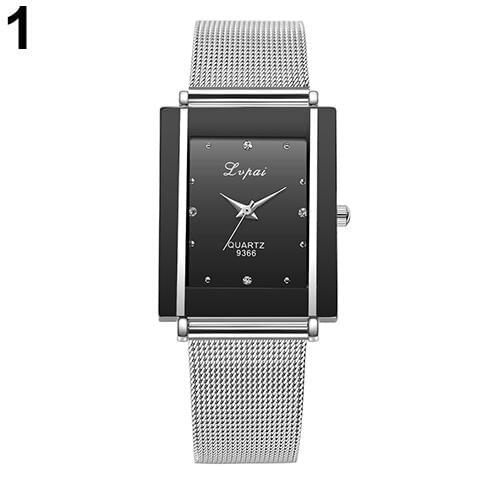 Men Women Fashion Rectangle Dial Stainless Steel Net Strap Quartz Wrist Watch Bracelet