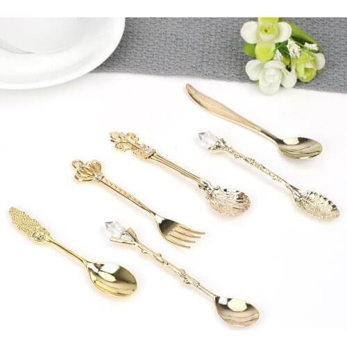 6 Pieces/set Flower Carved Vintage Royal Style for Coffee Tea Milk Dessert Fruit Royal Antique Spoon and Fork Set