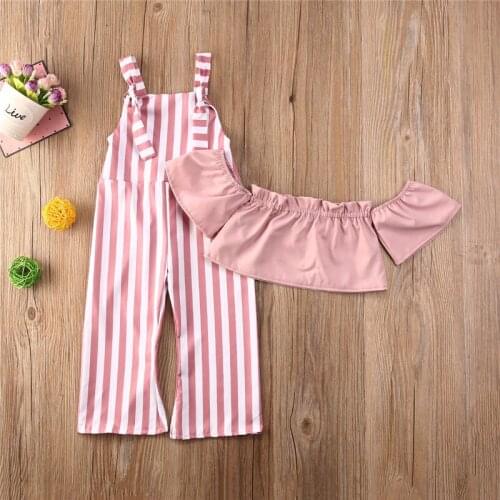 New Fashion 2PCS Baby Girl Summer Off Shoulder Pink Stripes Top Loose Long Jumpsuit Set Casual Outfit Set