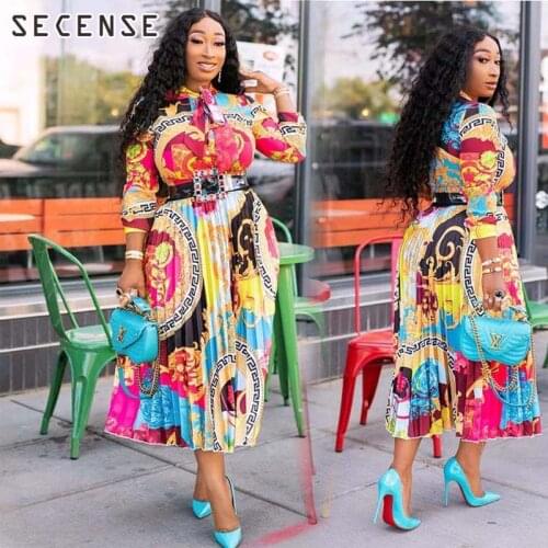 Dresses Women Loose Casual Dress Printed Long Sleeve Midi Dress Bow Neck Square Collar 3/4 Sleeve England Pleated African Style