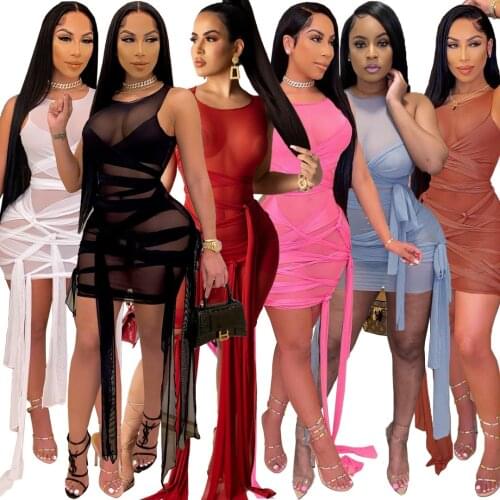 2021 Spring Sexy Women Dress Sheer Mesh Bandage Sleeveless Party Night Clubwear Vestidos Summer Clothes For Women Outfit