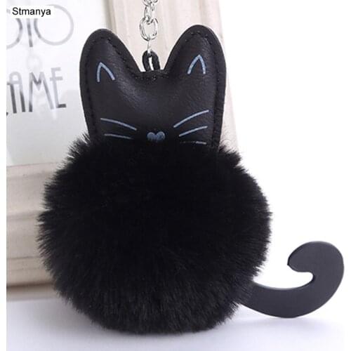 Animal Pendants Leather Key Chain Fashion Faux Fur Pom Pom ball Cat Car Key Ring female Bag Charm Accessories Gift jewelry K1624