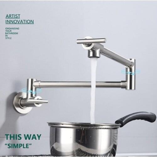 High Brass Pot Filler Tap Wall Mounted Kitchen Faucet Single Cold and Hole Tap Rotation Folding Spout Black Chrome Nickel