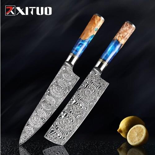 XITUO Powder Damascus Steel VG10 Chef Knife Cleaver Paring Fish Meat Kitchen Knife Blue Resin and Color Wood Handle Cooking Tool