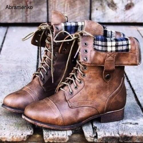 Shoes For Woman Knee High Autumn Leather Boots Lace-Up Flats Women Sexy Fashion Flannel Black Green Vintage Boot Plus Size 35-43