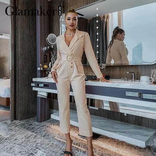 Glamaker Office ladies autumn elegant apricot long sleeve jumpsuit with belt Fashion winter elegant casual slim playsuit 2021new