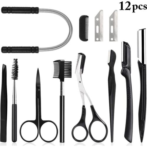 11PCS Women Eyebrow Kit Portable Stainless Steel Eyebrow Trimmer Makeup Tool with Face Hair Remover Makeup Cosmetic Kit