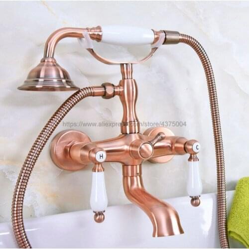 Antique Red Copper Bathtub Mixer Faucet Dual Handle Bath Shower Set with Hand Shower Swivel Tub Spout Nna326