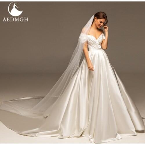 Aedmgh Satin Pearls Wedding Dresses 2021 Sweetheart Off The Shoulder Vestido De Novia Lace Up A-Line Court Train Bridal Gowns