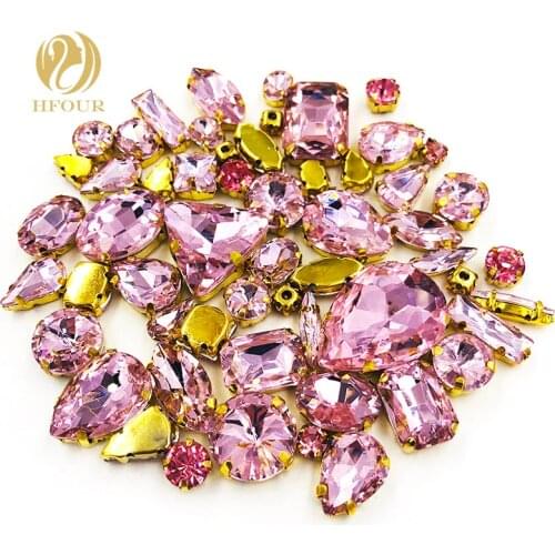 Free shipping Gold base mixed shape pink glass flatback sew on rhinestones with claw crystal strass DIY Garment/ Shoes/Bag