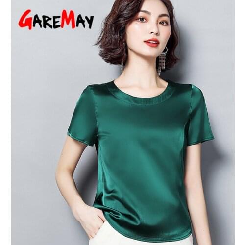 Womens Elegant Blouse Summer with Short Sleeve Plus Size Basic Women Blouses Satin Silk Beautiful White Blouse for Women