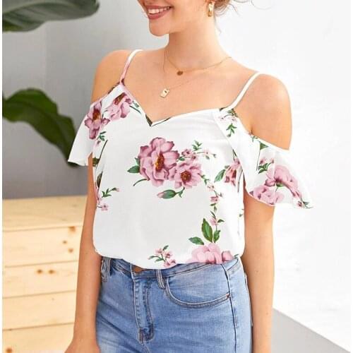 Women Tees Loose Chiffon Tank Tops Female Summer Hollow Puff Sleeve Camis Off Shoulder Boho Beach Tops Casual Floral Print M0424