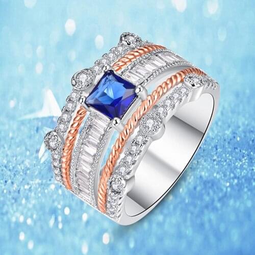 J.C Princess Cut Sapphire Quartz & White Topaz 925 Sterling Silver Rose Gold Ring Size 6 7 8 9 Women Vintage Party Jewelry Gift