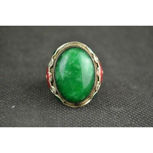 Beautiful Chinese Collectible Decorate Handwork Miao Silver Adjustable Ring Inlaid with Artificial Green Jade and Flower
