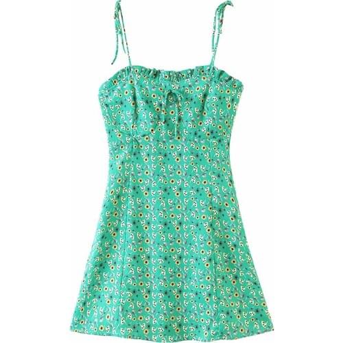 Summer New Adjustable Shoulder Strap Bow Decoration Printing Decoration Sexy Mini Sling Skirt