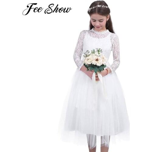 Fashion Flower Girl Dress with Long Sleeve for Wedding Little Girls Kids Lace Dress Birthday Party Pageant First Communion Dress