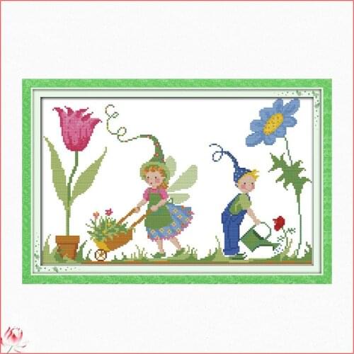 Tiny Garden Workers Cross Stitch Kit Embroidery Children Bedroom Decoration Art Sewing 11CT 14CT Stamped Fabric Handmade Set