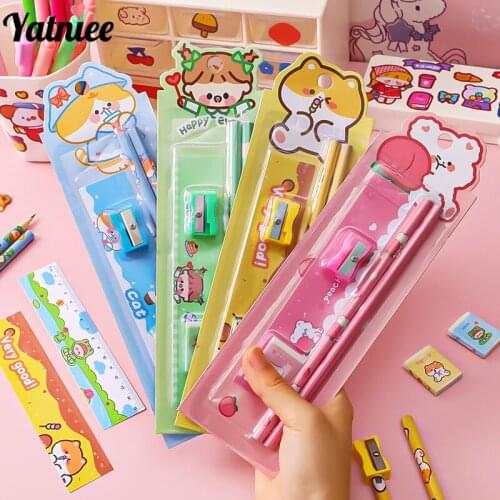 Yatniee 5pcs/Set Cartoon Pencil Set Student Stationery Set Ruler Eraser Pencil Sharpener Childrens Drawing Sketch Supplies Gift