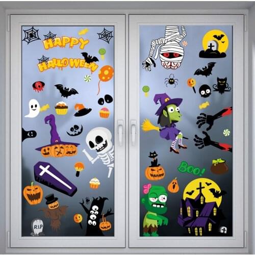 Halloween Cartoon Pumpkin Skull Window Wall Sticker Double-sided Window Static Sticker for Home Room Party DIY Decoration