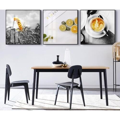 Still Life Wall Paintiing Lemon Wheat Spike Coffee Canvas Posters Black And Yellow Wall Art Picture For Restaurant Home Decor