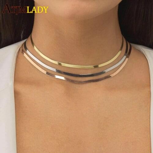New 3mm Gold Silver Color Snake Chain Necklace Collares Cheap Wholesale Sparking 30+10cm Extend Women Simple Choker Jewelry