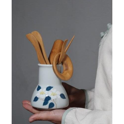 PINNY Hand Painted Camellia Ceramic Tea Accessories Bamboo Ebony Tea Spoon Tea Clip Chinese Kung Fu Tea Ceremony Decorations