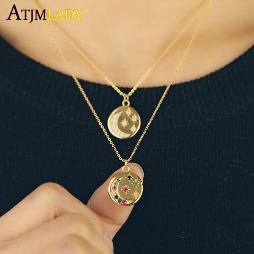Gold filled Coin pendant engraved north star moon star charming rainbow cz color necklace women classic fashion gorgeous jewelry