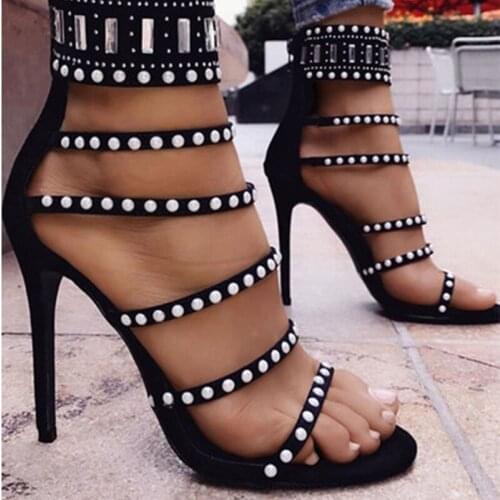 MKKHOU Fashion Sandals Women 2021 New Summer Strap Pearl Stiletto 12cm High Heels Open Shoes Large Size 35-42
