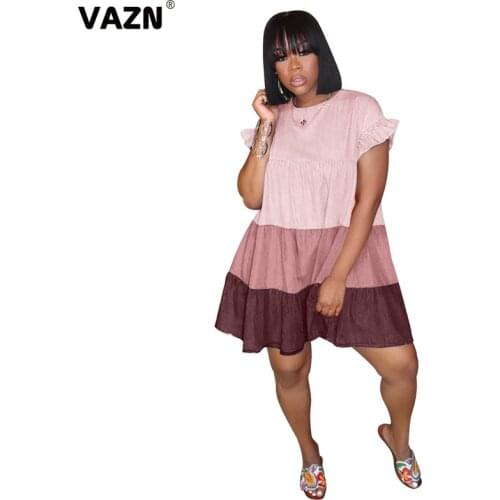 VAZN 2020 A-line Patchwork Sexy Party Cocktail Casual Mini Dresses Short Sleeve Deep Dress Sexy Beach Dress