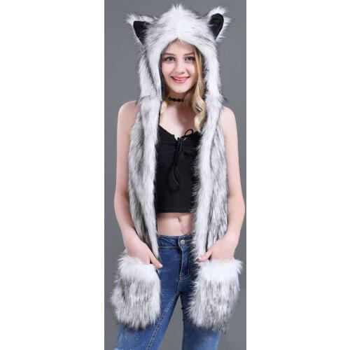 10 Styles Faux Fur Hood Animal Hat Ear Flaps Hand Pockets 3 in1 Animal Hat Wolf Plush Warm Earmuff Animal Cap with Scarf Gloves