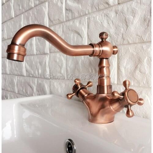 Antique Red Copper Dual Handle Bathroom Basin Faucet Vessel Sink Mixer Tap Swivel Spout Cold & Hot Water Faucets Wrg053