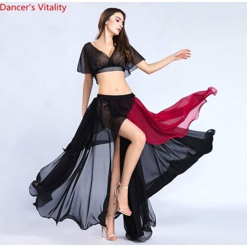 Belly Dance Summer 2 pcs. For Women Chiffon Practice Wear short-Sleeve top long Skirt Dancer Performance Show Clothes