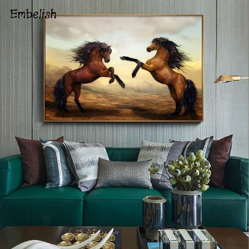 Embelish 1 Pieces Two Horses Animals Wall Art Pictures For Living Room Modern Home Decor Framed Posters HD Print Canvas Painting