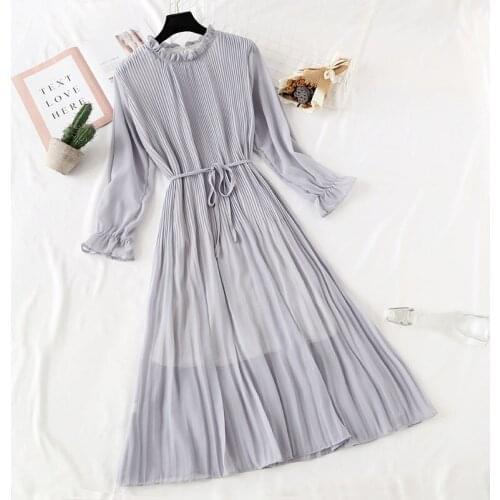Women Spring and Autumn Chiffon Dress Long Sleeve Ruffle Adjustable Belt Shirt Floral Print Vestidos