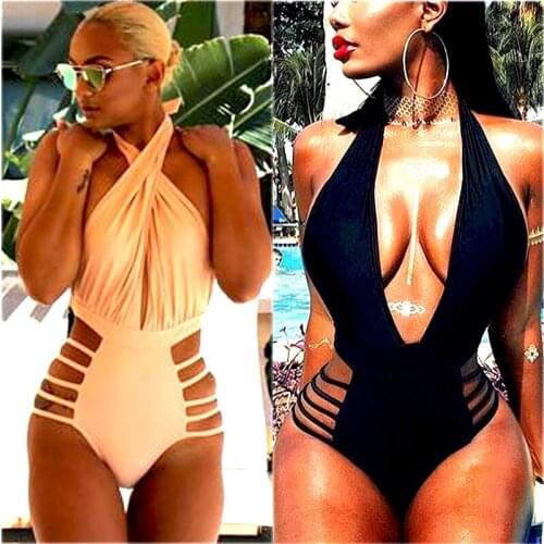 Womens Hollow Out Beachwear Bikini Cross Bandage Halter Bathing Suit Biquini One Piece Swimwear High Cut Monokini Swimsuit