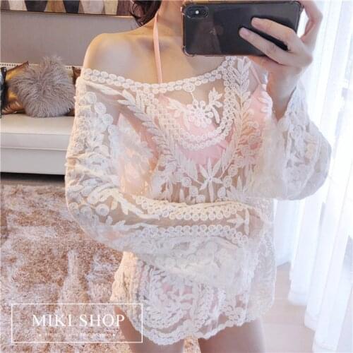 Women Sexy Floral Long Sleeve Pull Over Semi Sheer Lace Embroidery Crochet Tops Blouses