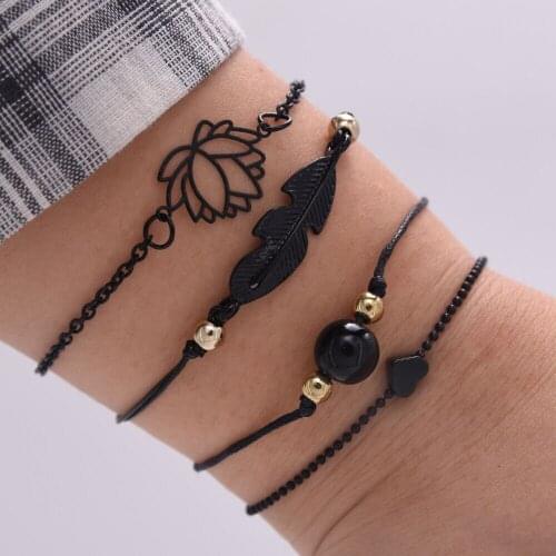 2020 New Fashion Concise Black 4 Piece Set Bracelet Heart Shaped Charm Boho Bracelet Women Wrist Chain