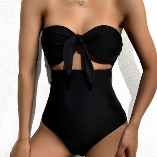 2020 New Sexy Floral Printed One Piece Swimsuit Women 2 Pieces Hollow Out Solid Bikini Set Bowknot Cute Beachwear Bandeau E37