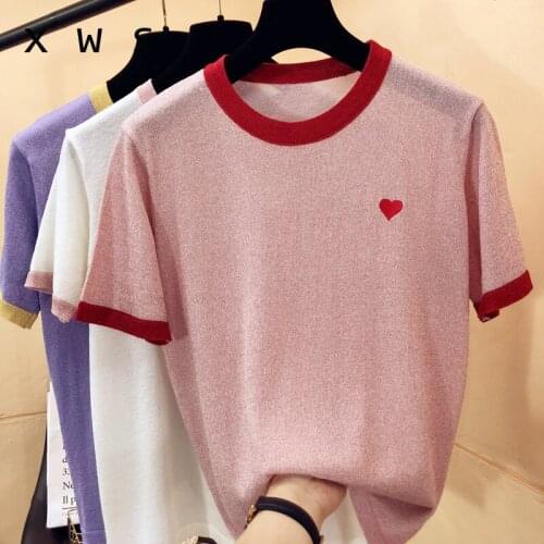 Thin love embroidery Summer Short Sleeve oversized Sweater Women Colors Tops 2020 Knitted Korean Style Pull Femme