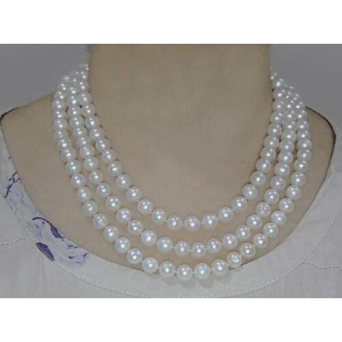 3 Row Aaa 9-10 Mm South Sea Natural White Pearl Necklace 17"- 19" Yellow Clasp