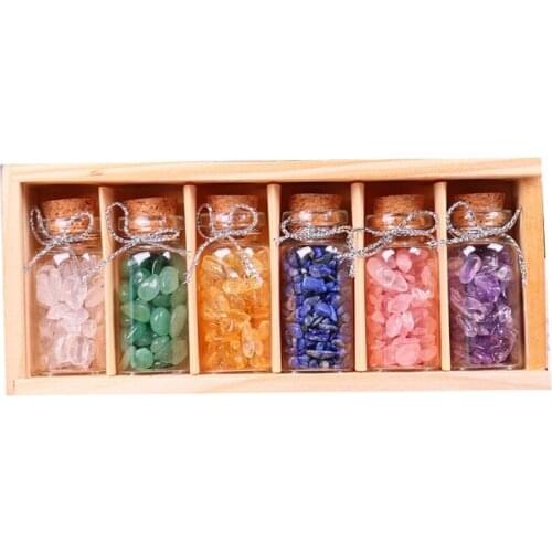 6 Pcs Gemstone Bottles Set Healing Crystals Stones Chip Tumbled Gem Reiki Wicca Witchcraft Supplies Kit with Wooden Box