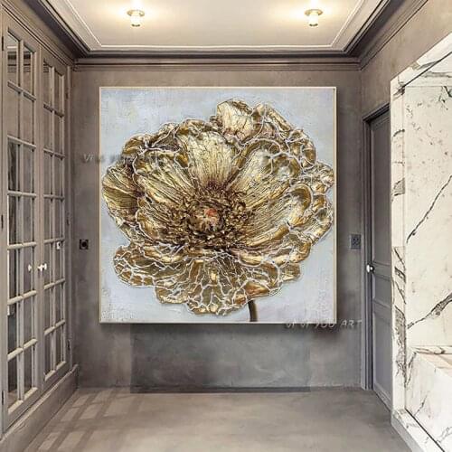 Handmade Abstract Oil Painting Large Canvas Wall Art Minimalist Modern Golden Flowers Decoration Living Room Office