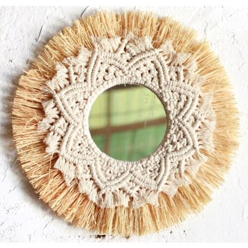Macrame Straw Mirror Woven Wall Boho Decor Hand-woven Mirror Wall Decoration Acrylic Mirror Decotativos Espejo Bedroom Farmhouse